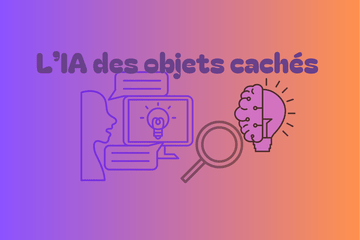 L'IA des objets cachés Des dessins sur fond violet et orange figurent : un visage de profil en train de parler à un écran d'ordinateur, une loupe et un dessin associant la moitié d'une ampoule électrique et la moitié d'un cerveau.