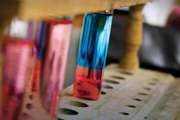 Tubes à essai présentant une solution bicolore : bleu et rose