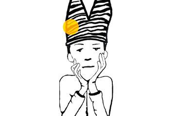 Dessin d'un enfant qui tient sa tête entre ses mains, portant un bonnet d'âne mais rayé. En noir et blanc