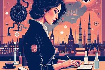 L'image généré par DALL.E, une intelligence artificielle, montre une historienne en blouson noir et entouré par des éprouvettes.