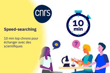 Illustration de personnes discutant de science, avec un minuteur de 10 min. Speed-Searching, 10 min top chrono pour échanger avec des scientifiques. CNRS.