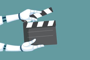 Mains robots tenant un clap cinéma