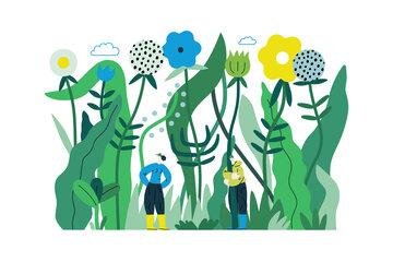 2 personnes observant la biodiversité en dessin