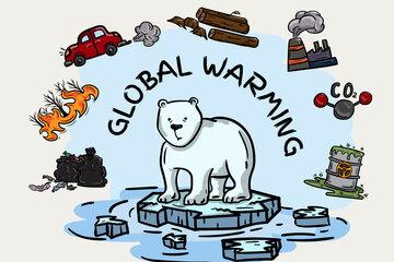 Ours sur la banquise avec éléments du réchauffement climatique autour de lui