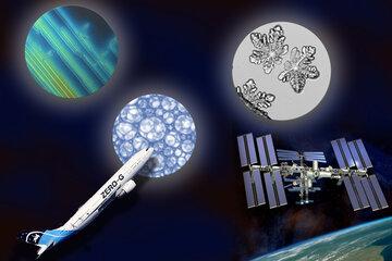Illustration montrant la station spatiale internationale, un avion parabolique et des images scientifiques