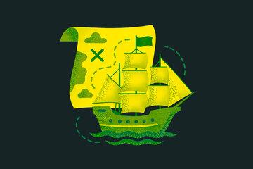 Navire et carte représentant la conquête des océans