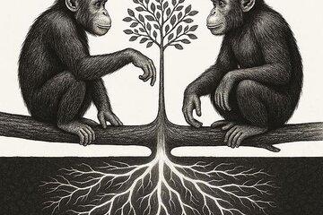 deux chimpanzés se font face chacun sur une branche, dans une position de communication. L 'un des deux singes tend le bras vers l'autre avec le poignet plié vers le bas. Entre les deux singes, il y a un arbre aux branches et feuilles apparentes émet des signaux radio et dont les racines apparaissent lumineuses