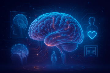 Cerveau réaliste futuriste entouré d’icônes holographiques et de circuits lumineux.