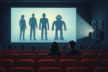illustration d'une salle de cinéma avec des robots à l'écran