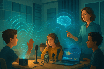 illustration d'un atelier acoustique en classe : ondes sonores, élèves au casque, micros, sonomètre et courbes audio