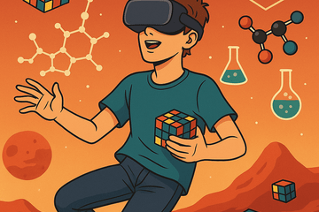 enfant qui porte un casque VR et tient un rubik's cube dans sa main