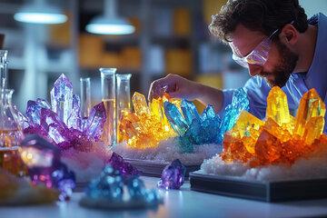scientifique qui manipule des cristaux de plusieurs couleurs