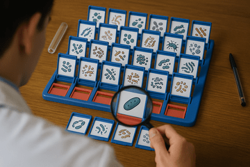 un plateau de jeu Qui-est-ce avec des bactéries sur les cartes