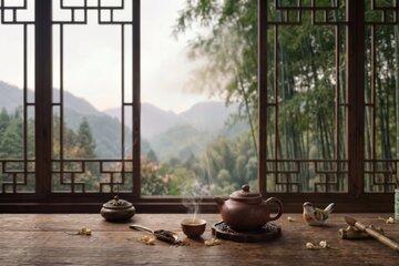 Théière, tasse de thé et autres éléments de décor (pinceau en bambou, oiseau en céramique) sur une table en bois avec paysage de montagne, forêts de sapins et de bambous en arrière-plan. 