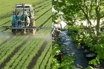 Image d'illustration d'une agriculture high tech (photo de gauche) et d'une agriculture low tech (photo de droite)