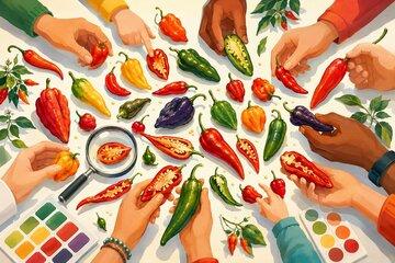 Mains qui touchent différents types de piments
