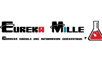 Logo textuel Eurêka Mille noir avec le A rouge et le I bleu et un erlenmeyer avec un liquide rouge