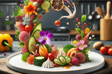 Assiette portant une composition melant fleurs et aliments