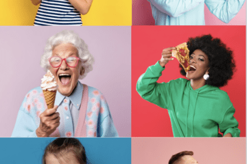Une mosaïque de photos montrant les réactions des personnes de différents âges aux nourritures