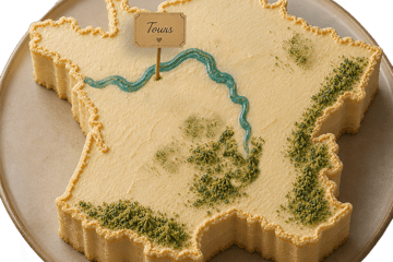 Gâteau ayant la forme de France. Décors en vert pour situés les montagnes, tracé en bleu pour la Loire. Un étiquette nommant Tours est piquée sur sa localisation.
