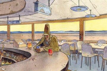 Une personnage acoudé à un bar dans une salle vide avec une vue sur le désert. 