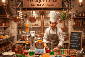 Un chimiste cuisinier dans la cuisine d'un grand restaurant avec son matériel de laboratoire, comme Rémi dans Ratatouille