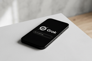 Portable posée sur une table, affichant le logo de l'intelligence artificielle Grok
