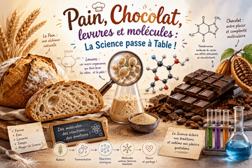 A gauche du pain, à droite du chocolat et au centre un verre de laboratoire de chimie contenant un mélange étudié à la loupe