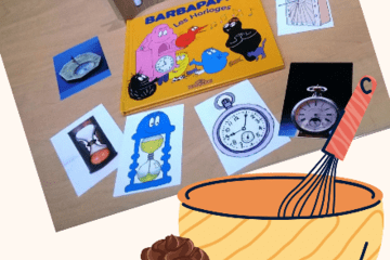 Image montrant le livre Barbapapa et les horloges, un saladier et un gâteau au chocolat