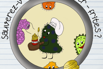 L'image représente une bactérie déguisée en chef cuisinier qui tient dans les mains des frites Un temps d'échange sur les métiers de la recherche sera proposé à la suite de l'escape game.