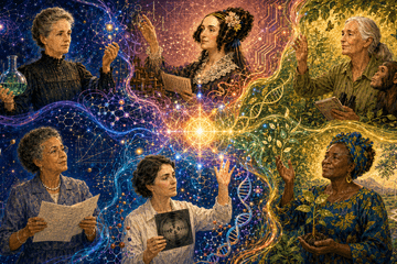 Illustration artistique de six femmes scientifiques célèbres — Marie Curie, Ada Lovelace, Jane Goodall, Katherine Johnson, Rosalind Franklin et Wangari Maathai — entourées de symboles de chimie, mathématiques, biologie, espace, ADN et écologie, reliés par une lumière centrale évoquant la découverte scientifique.