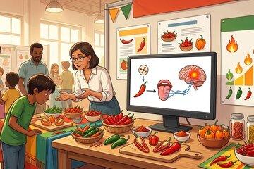 Stand avec de nombreux aliments pouvant être piquants et un écran montrant la molécule responsable de la chaleur allant du piment, à la langue puis au cerveau.