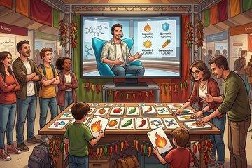 Une table présentant des cartes avec des dessins d'aliments, de molécules et de flammes entourée de personnes suivant l'atelier-mini conférence donnée par un monsieur dans une télévision.