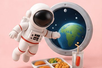Illustration d'un astronaute avec un repas devant un hublot montrant l'espace