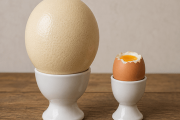 Un oeuf d'autruche et un oeuf de poule cuits à la coque.