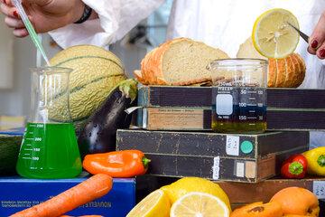 Une personne en blouse manipule des instruments de laboratoire au milieu de fruits, légumes, pain et autres aliments.