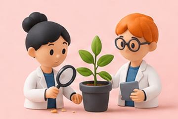 Illustration de deux personnes qui observent à la loupe une plante