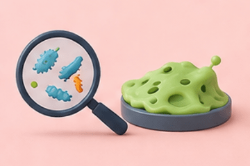Illustration d'une loupe avec des bactéries avec une boite de pétri