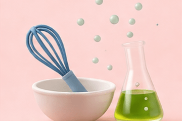 Illustration d'un bol et d'un fouet entouré de bulles et d'un Erlen