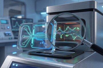 Installation de laboratoire de biotechnologie de pointe montrant une double hélice d'ADN sous grossissement, aux côtés d'une puce microfluidique futuriste. Illustre le génie génétique et la recherche scientifique.