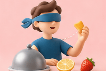 Illustration d'un enfant les yeux bandés et goute les aliments devant lui