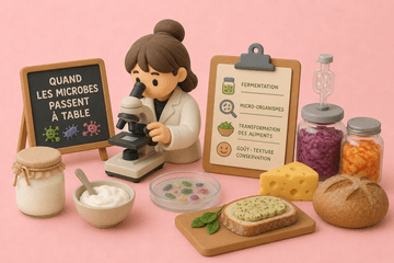 Illustration d'une femme observant au microscope avec des aliments autour d'elle