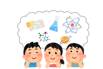 Trois enfants pensant aux différents domaines scientifiques (code informatique, chimie, astronomie, biologie)