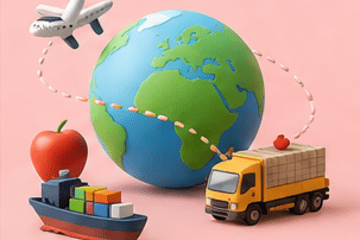 Illustration de la planète terre avec un avion, un camion et un paquebot qui font le tour du monde