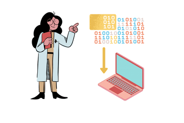 Femme scientifique montrant du doigts du code en binaire dont un flèche le rattache à un ordinateur portable rouge