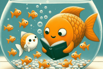 Plusieurs poissons oranges dans un bocal écoute une histoire racontée par un plus gros poisson orange tenant un livre.