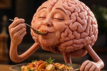 Un cerveau antropomorphisé se délectant d'un plateau de légume