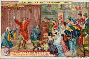 Shakespeare jouant devant la reine Elisabeth: carte d'une série de 6 consacrée à la vie de Shakespeare par la Compagnie Liebig et publiée en 1906.