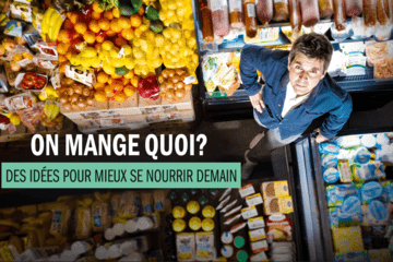 Affiche du film documentaire : on y voit le présentateur vue d'au dessus qui regarde en l'air. Il est dans un marché entouré de produits alimentaires.