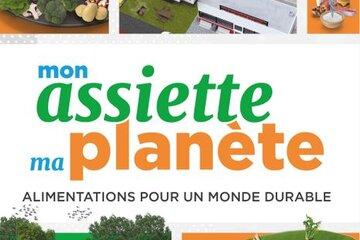 Une grande illustration rassemblant des champs cultivés, des fruits et légumes, des aliments transformés et une exploitation.